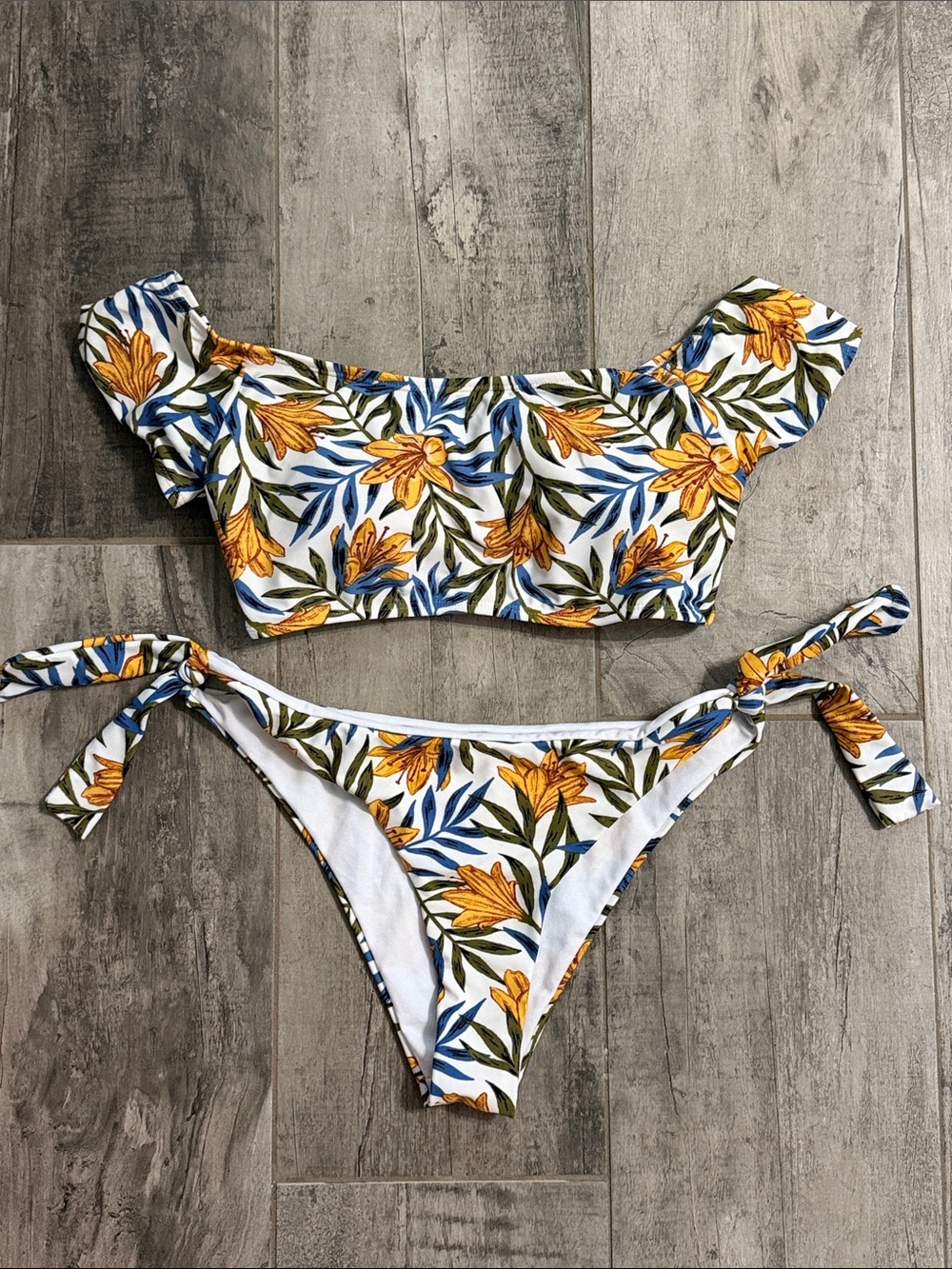 Floral Off-Shoulder Tie-Side Bikini Set - Yellow Floral